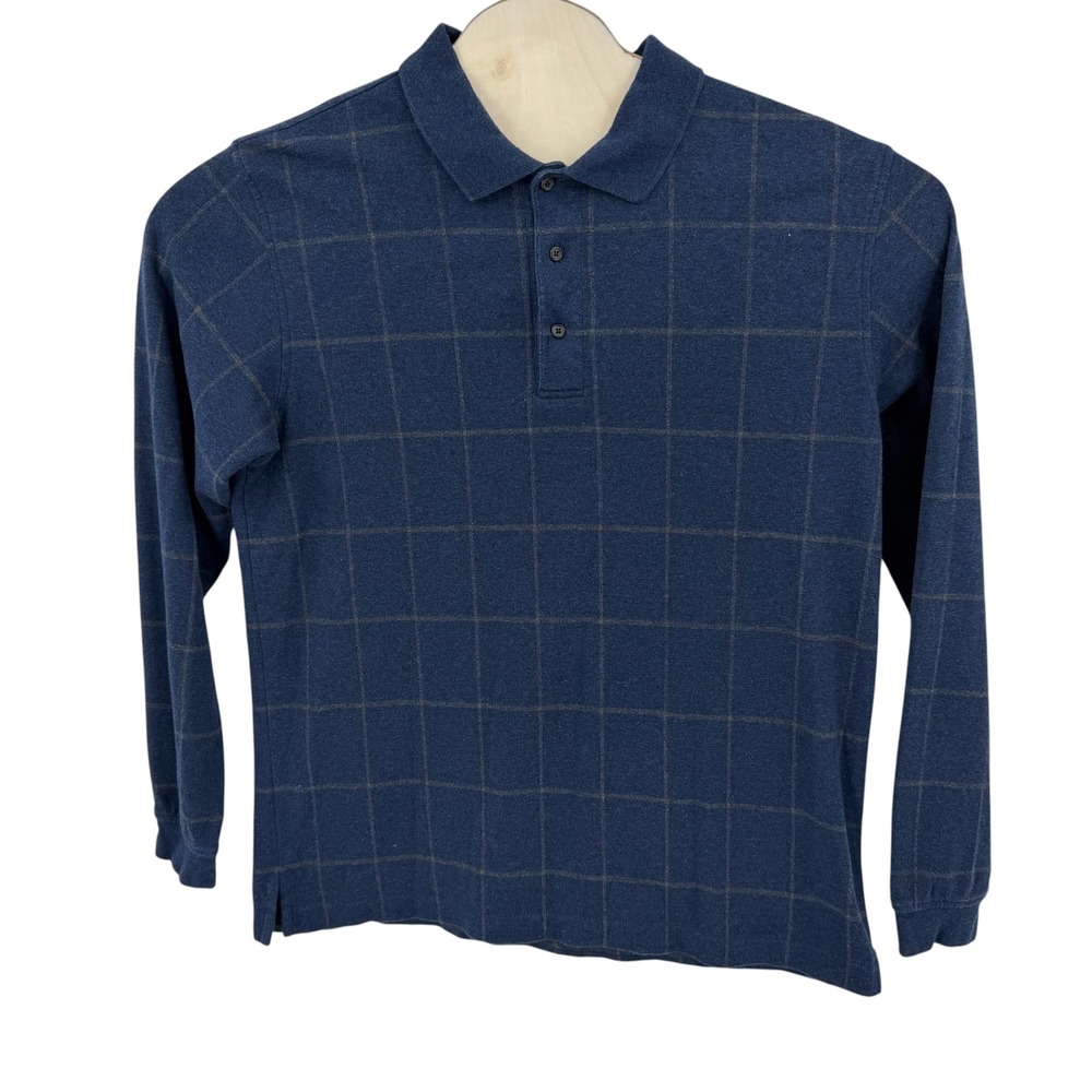 Lands End Polo Shirt Mens Large Blue 100% Cotton Long Sleeve Windowpane Preppy